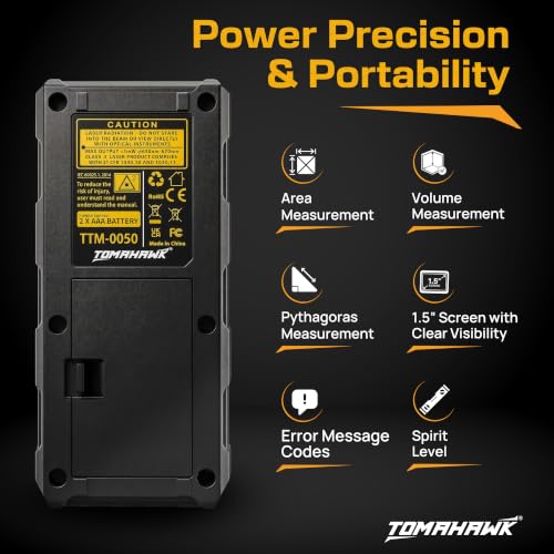 Image of TOMAHAWK TTM 0050 Laser Distance Meter Measurer 131Ft /50M with Area, Volume and Pythagoras Measurement - Water and Dust Resistant Laser Measuring Device with Backlit LCD, Battery Included