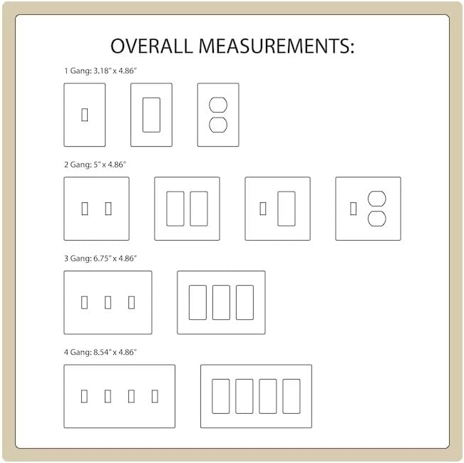 Diagram showing overall measurements for 1-gang, 2-gang, 3-gang, and 4-gang wall plates, including toggle and decorator styles.