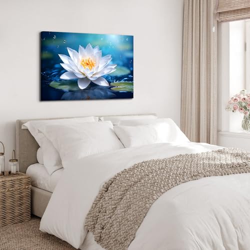 Image of Large Wall Art White Blossom Lotus Flower Wall Decor for Bathroom Blue Relax Meditation Zen Yoga Room Decorations 32x48 inch Nature Flower on Water Pictures Canvas Prints Spiritual Painting Framed Artwork