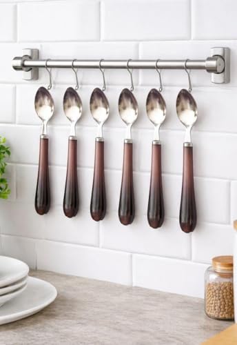Image of Habib Spoon Set Stainless Steel with Shiny Colors Plastic Handle for Kitchen and Dining Table, Lunch and Dinner Pack of 6 Pcs (Chocolete Color)