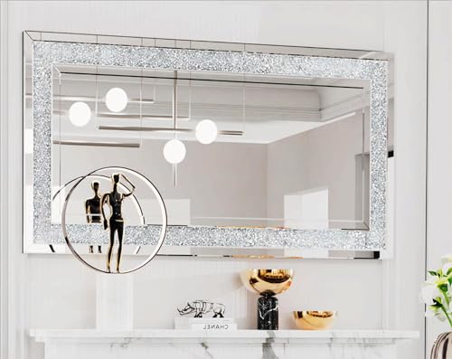 Artloge Decorative Crushed Diamond Mirror Rectangular Silver Wall Decor 48x24 inch