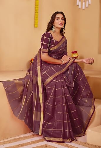 Image of StyleScope Women's Kota Doria Cotton Zari Checks Manipuri Saree With Unstitched Blouse Piece (Malanng)