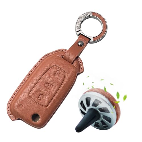 Image of Keyzone Premium Leather Key Cover & AC Vent Car Perfume Combo (4 Fragrances) | Compatible for Tata Curvv, Nexon, Harrier, Altroz, Punch, Safari, Tigor, Tiago, Zest, Bolt 3 Button flip Key. (Brown)
