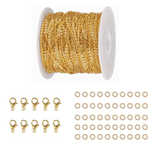 16.4feet/Roll Metal Necklace Chain Roll, with 10 Lobster Clasps 50 Jump Rings,for Jewelry Bracelet Necklace Pendant Making(Golden)