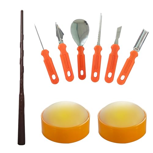 Image of Two Halloween LED Pumpkin Lights with Wand Remote Timer 6 PCS Stainless Steel Pumpkin Carving Cutting Tool Kit Set Jack-O-Lantern Decorations Battery Operated Realistic Flickering Flameless Candles