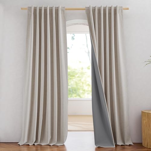 NICETOWN 100% Blackout Linen Curtains for Bedroom W52 x L90 per Panel Thermal Insulated & Privacy Living Room Curtains with Grey Liner Linen Blend Draperies Farmhouse Style 2 Panels Natural