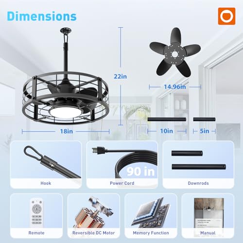 addlon 20" Outdoor Ceiling Fan with Light for Patio, IP65 Plug in Caged Fan by addlon - Used condition - Image 4