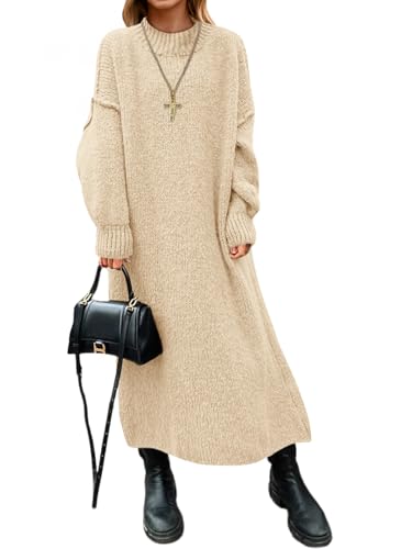 Saodimallsu Womens Oversized Sweater Dress Mock Neck Long Sleeve Casual Warm Chunky Knit Fall Winter Maxi Dresses Apricot at Amazon Women's Clothing store