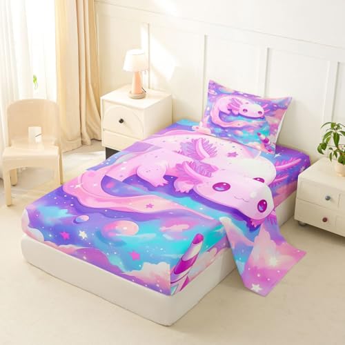 Image of jejeloiu Cute Axolotl Bed Sheets Sets Twin Size Kids Boys Girls Galaxy Planet Space Bedding Set Cartoon Animal Bed Sheet Set with 16-Inch Deep Pockets Pink Dreamy Starry 3Pcs with 1 Pillow Cases