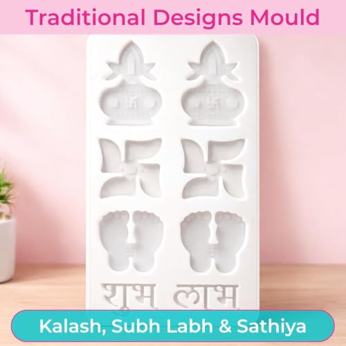 Image of Resin Molds Shubh Labh Silicone Mould Fondant Keychain Mold Wax Topping Epoxy Moulds Resin Art Crafts Diwali Swastik Kalash Candle Making