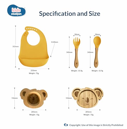 Image of Kids Station Koala Design 5-Piece Silicone Feeding Set for Babies | BPA-Free, Includes Suction Plate, Bowl, Spoon, Fork & Bib | Ideal for Infants & Toddlers (Set of 5 Koala Feeding Set, Yellow)