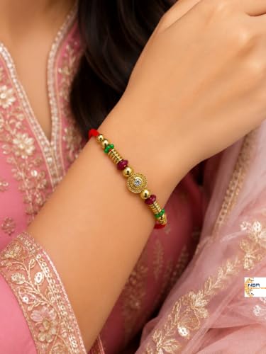 Image of NBR Rakhi with Gold Beads, Red Thread, Crystal Centre and MultiColoured Beads for Bhai and Bhabhi- Pack of 4