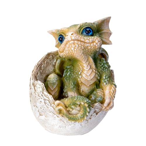 Pacific Giftware Baby Dragon Hatching from Egg Figurine, Green and Tan Fantasy Resin Collectible Statue with Bright Blue Eyes, Detailed Mythical Creature Home Décor 3.94”H