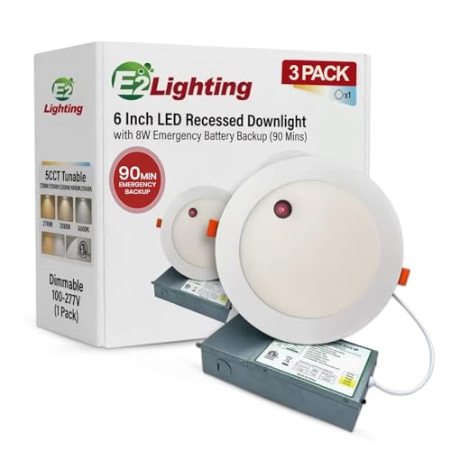 E2 LIGHTING Recessed LED Light | 6" 3 Pack | Emergency Battery Backup 90 Min | Dimmable Slim Canless LED Downlight | CCT Tunable Fixture | White w Battery | Retrofit LED Recessed Light