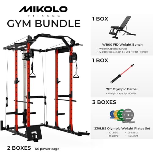 Image of Mikolo Power Cage, Power Rack with Cable Crossover System, 1500LBS Squat Rack with LAT Pull Down System, Workout Cage with Pulley System for Fitness Home Gym