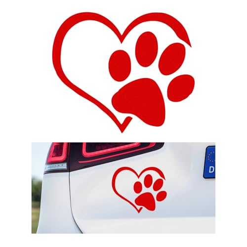 Image of DXNQ Pet Dog Paw Puppy Love Heart Vinyl Decal, 4.6 inch x 3.7 inch Heart with Dog Paw Print Reflective Bumper Stickers, Cute Waterproof Puppy Footprint Heart Decal for Window Laptop Wall (Red)