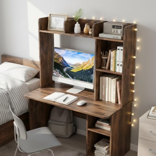 Image of Tangkula Desktop Bookshelf, Countertop Storage Hutch with 5 Shelves for Computer Desk, 3-Tier Display Rack, Multipurpose Wood Desktop Hutch Storage Organizer for Dorm Office, Brown