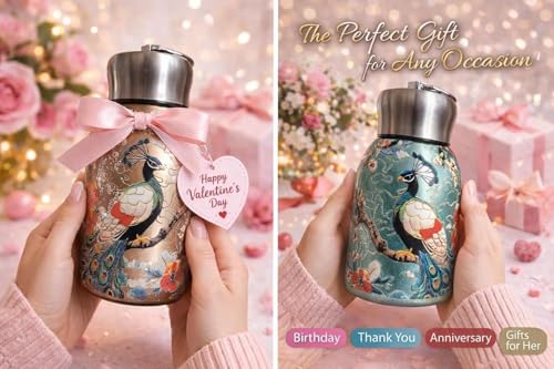 Image of Water Bottle for Office Desk - Peacock Design Stainless Steel Bottle for Daily Hydration, Leakproof Rust-Resistant Travel Bottle for Work, Home & Commute