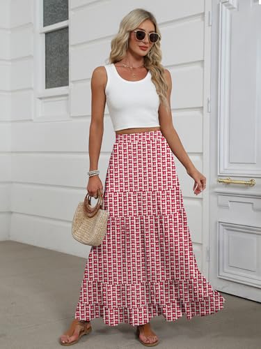 Image of ANRABESS Womens Maxi Skirt Elastic High Waist Swing Tiered A-line Flowy Pleated Boho Beach Vacation Long Skirts