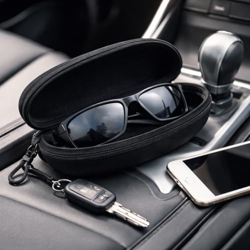 Image of Sunglasses Case Hard Shell with Zip & Hook Clip | EVA Shockproof Eyeglass Case Box | Portable Spectacle Cover for Men Women | Travel Glasses Storage Protector.