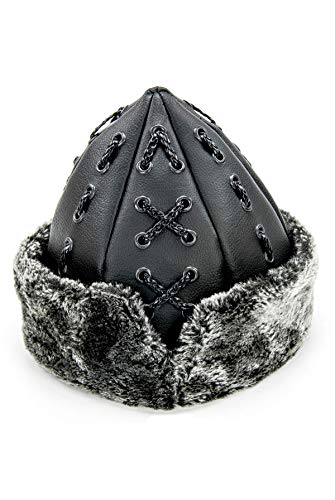 Miss TesettÃ¼r Turkish Ottoman Bork Hat, Ertugrul Leather Fur Winter Cap, Grey Faux Fur and Black Faux Leather
