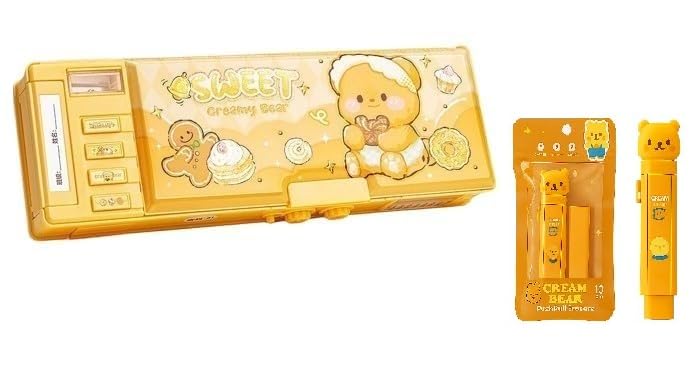 Image of Invite New Cartoon Theme Pencil Box with Push Pull Eraser Set for Kids | Suitcase Style Password Lock Stationery Organizer | School Supplies Gift Combo for Boys & Girls (Sweet Bear Compass + Earser)
