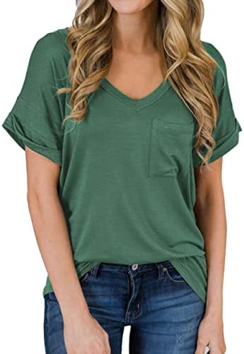 MIHOLL Women's Short Sleeve V-Neck Shirts Loose Casual Tee T-Shirt (Green, Medium)