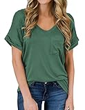 MIHOLL Women's Short Sleeve V-Neck Shirts Loose Casual Tee T-Shirt (Green, Medium)