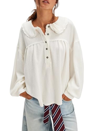 Women's Waffle Knit Tops Collared Solid Color Pullover Long Sleeve V Neck Loose Tunic Babydoll Top Blouse