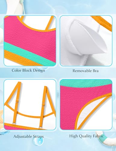 Image of Girls Bathing Suit Color-Block Adjustable Straps Bikini Sets Girls Two Piece Swimsuits with Chest Pad Swimwear 7-18T