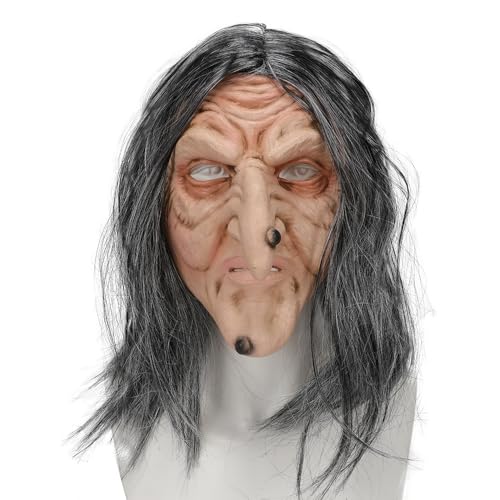 Scary Witch Mask with Gray Hair Halloween Realistic Old Lady Latex Mask Costume for Adults Horror Cosplay
