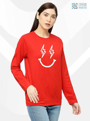 Image of STATUS MANTRA Women's Cotton Round Neck Regular Fit Sweatshirt | Full Sleeves and Smile Printed | Comfort Colour T-Shirt | Available in Multicolor & Size Small to 2XL