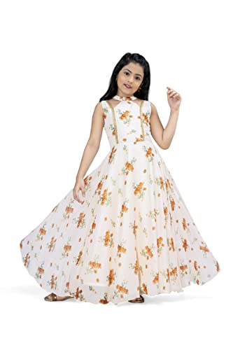 Image of Fashion Dream Girls Tabby Silk Maxi Length Printed Dress|Girls Maxi Dress|Long Dress|Long Gown Dress(Light Peach 11-12 Year)