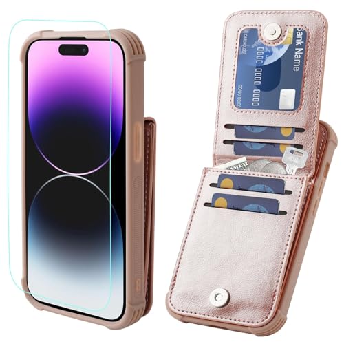 VANAVAGY Wallet Case Compatible for iPhone 15 for Women and Men with Credit Card Holder,RFID Leather Magnetic Clasp Flip Folio Phone Cover Supports Car Mount with Screen Camera Protector,Rose Gold