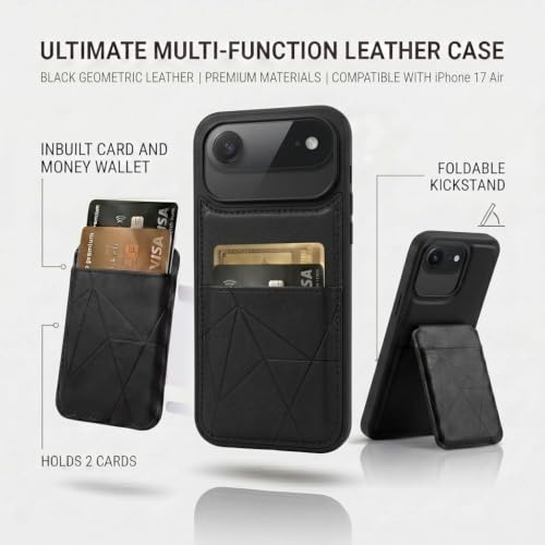 Image of amazon basics Premium Vegan Leather Back Cover with Card Holder and Integrated Mobile Stand for iPhone 17 Air - Slim Shockproof Wallet Case with Geometric Stitching [Black]