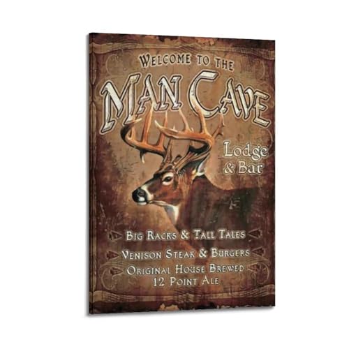 Panneau métal drapeau américain chasse au cerf - Déco murale vintage cadre 60x90 cm