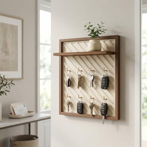 Image of Home Sparkle Wall Mounted Key Holder for Home Entrance with Shelf | Premium MDF Wood Organizer with Paint Finish | Modern Key Hanger Rack with 8 Hooks for Keys & Daily Essentials |Walnut & Ivory White