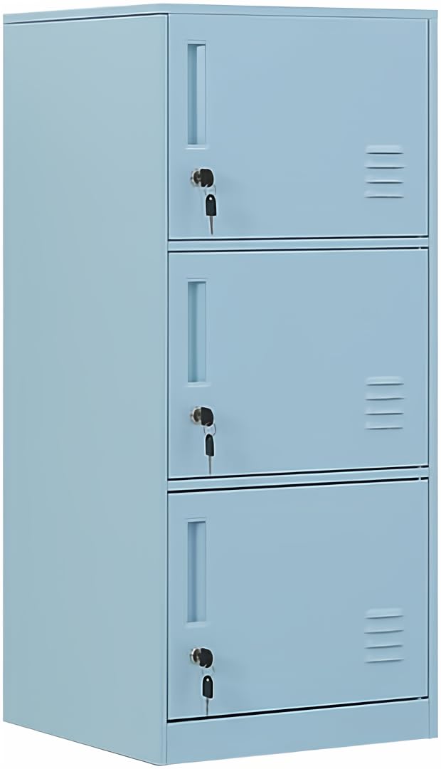 3 Door Metal Vertical Storage Locker for Kids Bedroom, Children Room, School, Office, Home,Stackable Steel Storage Cabinet for Toys, Clothes & Sports Equipment,Anti-Falling Device. (3D, Blue)