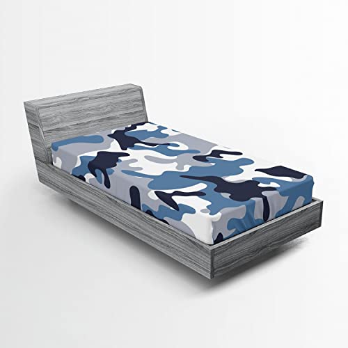 Ambesonne Camouflage 2 Pack Fitted Sheet, Soft Colors Design, Bed Cover All-Round Elastic Deep Pockets 2 Pieces, Package Contains 2 Twin XL Size Fitted Sheets, Blue Indigo
