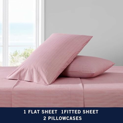 Nautica - King Sheet Set, Lightweight & Breathable Cotton Percale Bedding Set with Matching Sham(s), Crisp & Cool Bedding Essentials, Oeko-Tex Certified (Penny Pinstripe Red, King) by Nautica - Used condition - Image 2