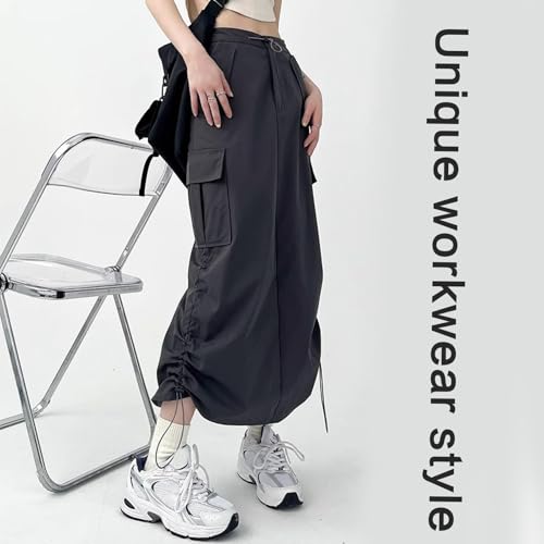Women High Waist A Line Cargo Long Skirt with Flap Pockets Ruched Drawstring Back Split Long Skirts Streetwear Dark Gray4