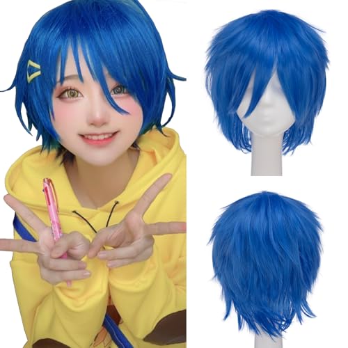 Image of S-noilite Blue Joy Wig Short Pixie Cosplay Wigs With Bangs Fluffy Heat Resistant Synthetic Hair Wigs for Halloween Anime Party Unisex Men Womens Costume Wig