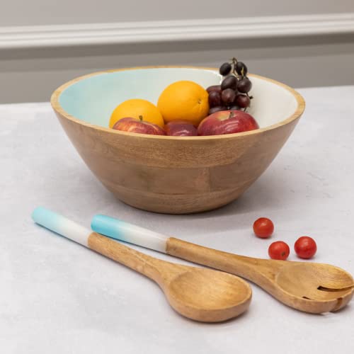 Folkulture Salad Bowls Or Decorative Wooden Bowls For Serving, Mixing And Tossing With Wooden Servers, Large Rustic Fruit Bowl Or Serving Bowl, 12" D X 5" H, Mango Wood, Blue Ombre #TOP1