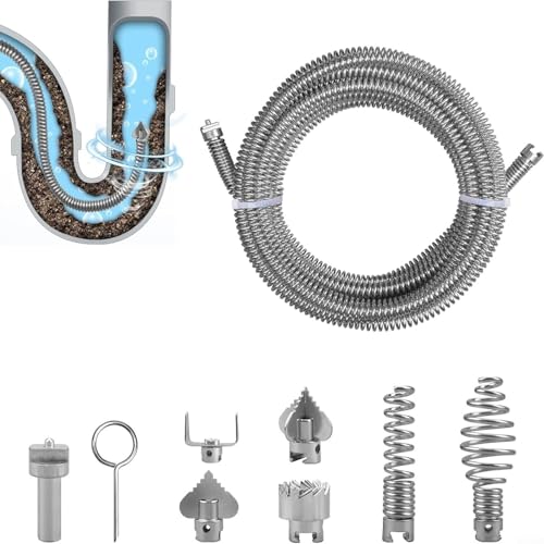 Spirale de nettoyage de tuyaux en acier de 3 m, 12 mm de diamètre avec 6 fraises interchangeables (C/olive), câble flexible haute résistance pour les blocages profonds, extrémité de l'adaptateur