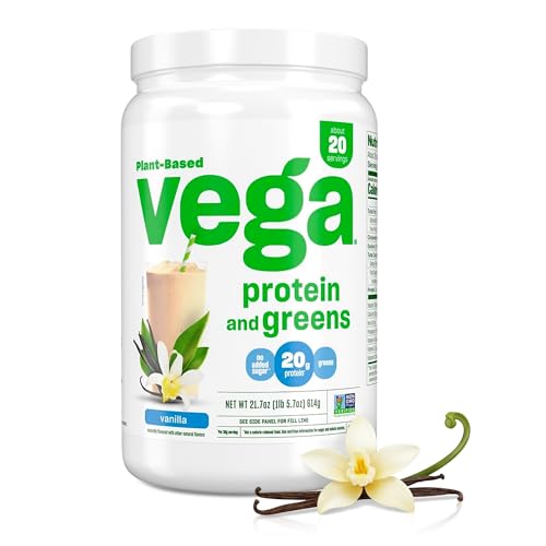 Vega Premium Protein + Supergreens, Vanilla – 20g Vegan Protein, Dairy & Gluten Free, 21.7 oz (20 Servings)