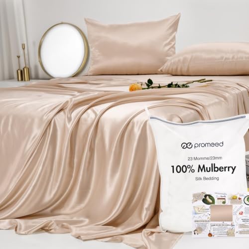 Image of PROMEED 100% 23 Momme Mulberry Silk Sheets Queen Set 4pcs, Champagne