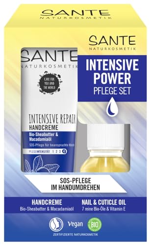 SANTE Naturkosmetik Intensive Repair Handpflegeset, Handcreme mit Sheabutter & Macadamiaöl + Nail & Cuticle Nagelöl mit 7 Bio-Ölen, intensive Pflege für beanspruchte Hände, 1 Set (75 ml & 15 ml)