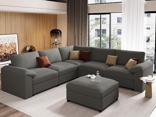 Image of EASE MOOSE Oversized Corner Modular Sectional Sofa with Ottoman, Faux Leather Sectional Sofa with Deep Seat, Scratch Resistant Faux Leather Material, Extra Large L Shaped Couch, Grey