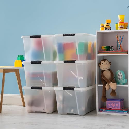 Image of IRIS USA 40 Qt Stackable Plastic Storage Bins with Lids, 6 Pack - BPA-Free, Made in USA - Discreet Organizing Solution, Latches, Durable Nestable Containers, Secure Pull Handle - Pearl
