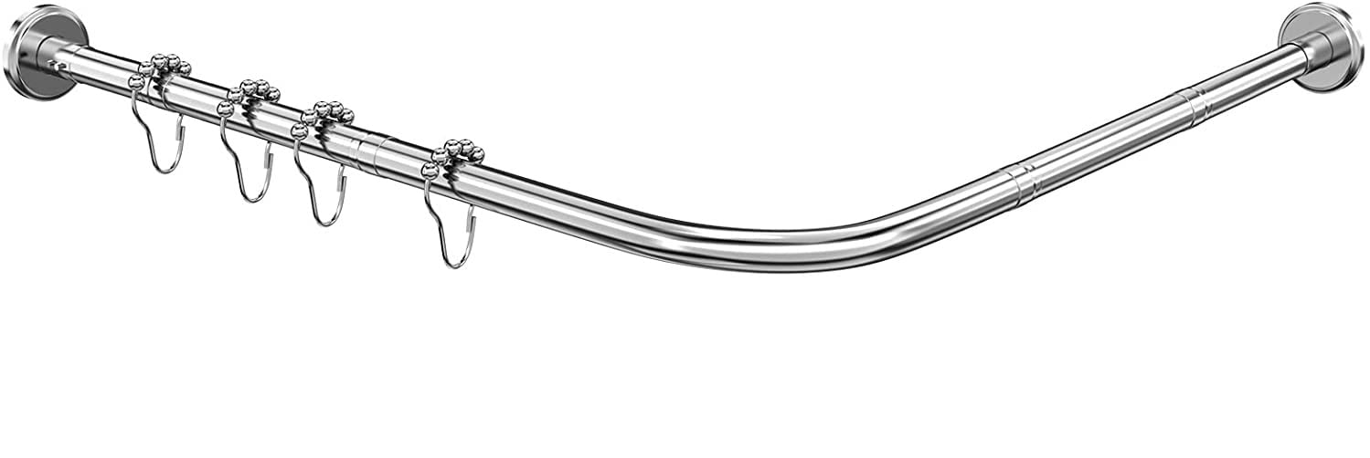 Stretchable Stainless C Shaped Bathroom Bathtub Corner Shower Curtain Rod Rack (80-100cm & 80-100cm),With 12 shower curtain hooks，Drill Free Install, for Bathroom, Clothing Store, Private space (C)